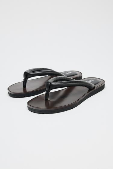 SANDALES PLATES BRIDES MATELASSÉES EN CUIR - Noir de Zara - Image 3