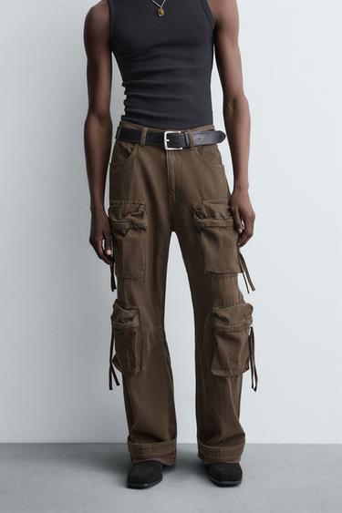 DENIM CARGO TROUSERS WITH POCKETS - Brown by Zara