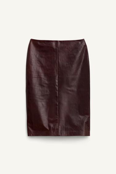 Zara 100% LEATHER STRAIGHT SKIRT LIMITED EDITION - Burgundy