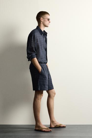 CHECKED COTTON/LINEN JACQUARD BERMUDA SHORTS - Navy blue by Zara