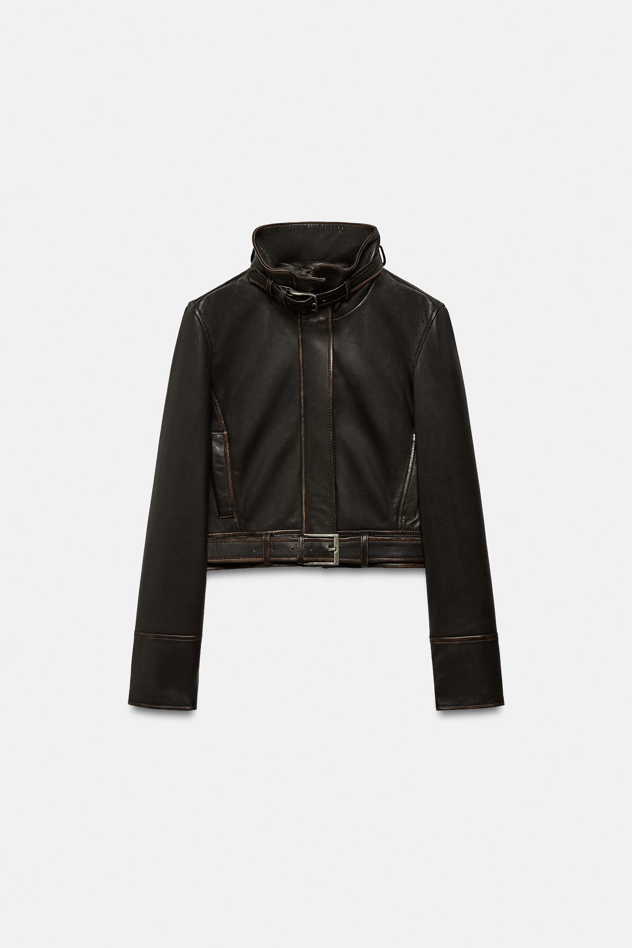 ダメージ加工リアルレザージャケット - ダークブラウン | ZARA Japan