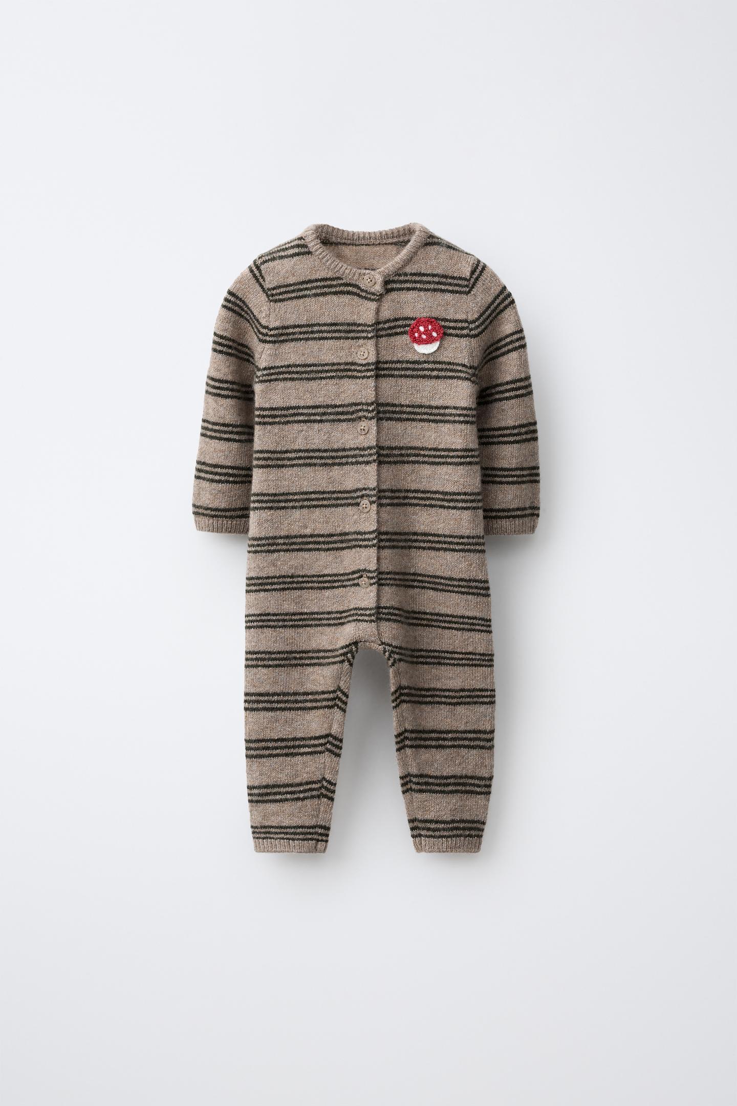 Детский комбинезон Zara Striped Knit with Mushroom Patch, цвет: Серо-коричневый коричневый