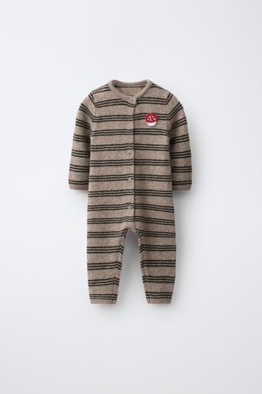 STRIPED KNIT JUMPSUIT WITH MUSHROOM PATCH — taupe brown 1