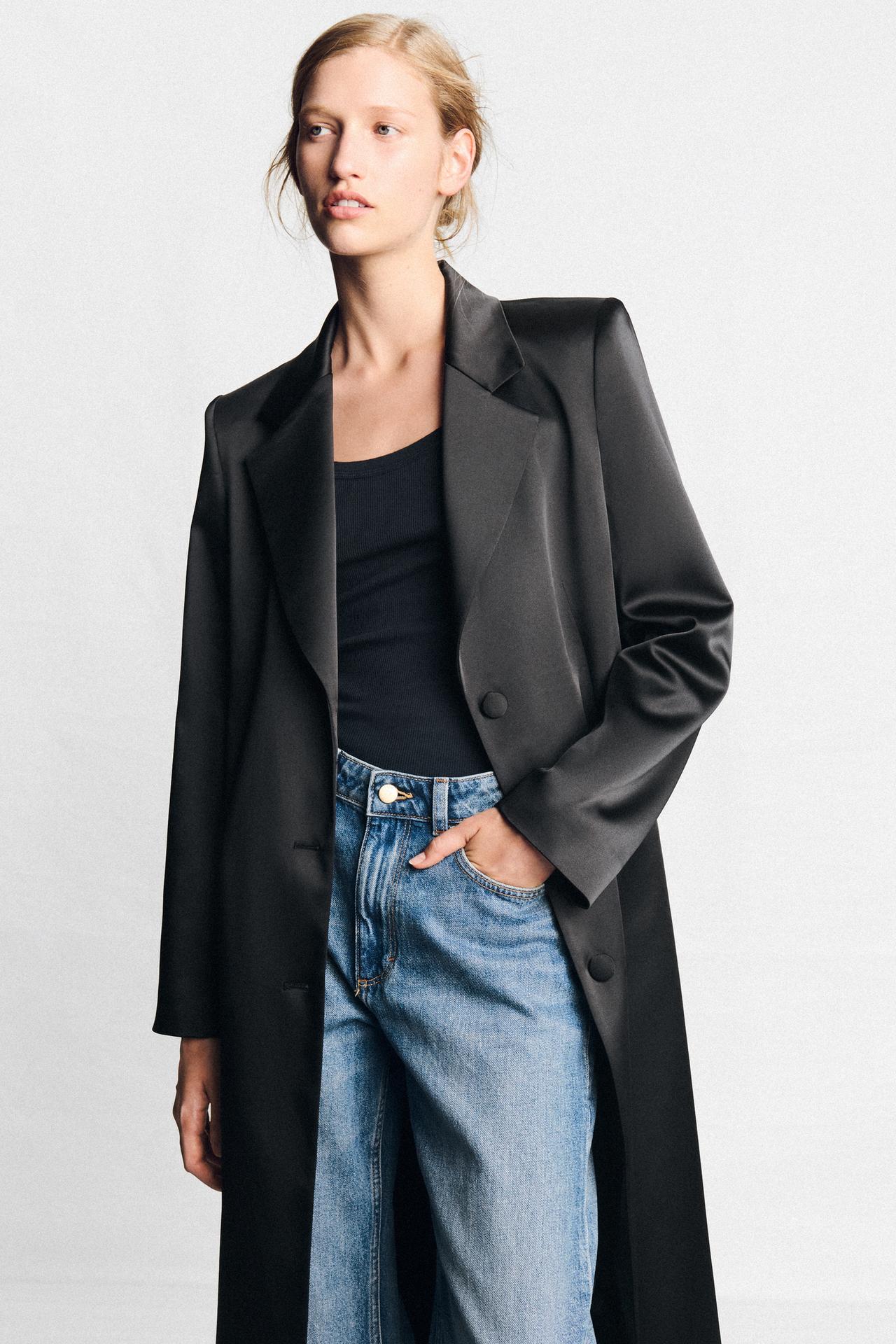 SATIN SHOULDER PAD COAT — Black