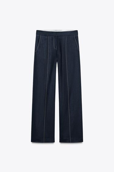 Zara STRAIGHT FIT LINEN PANTS WITH TOPSTITCHING - Navy blue
