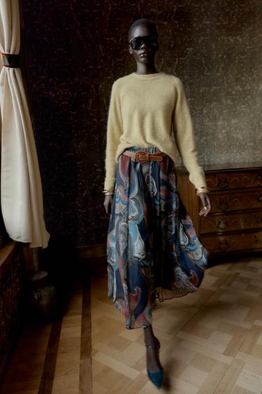 PRINTED MIDI SKIRT WITH METALLIC THREAD AND BELT - Blue / Navy by Zara