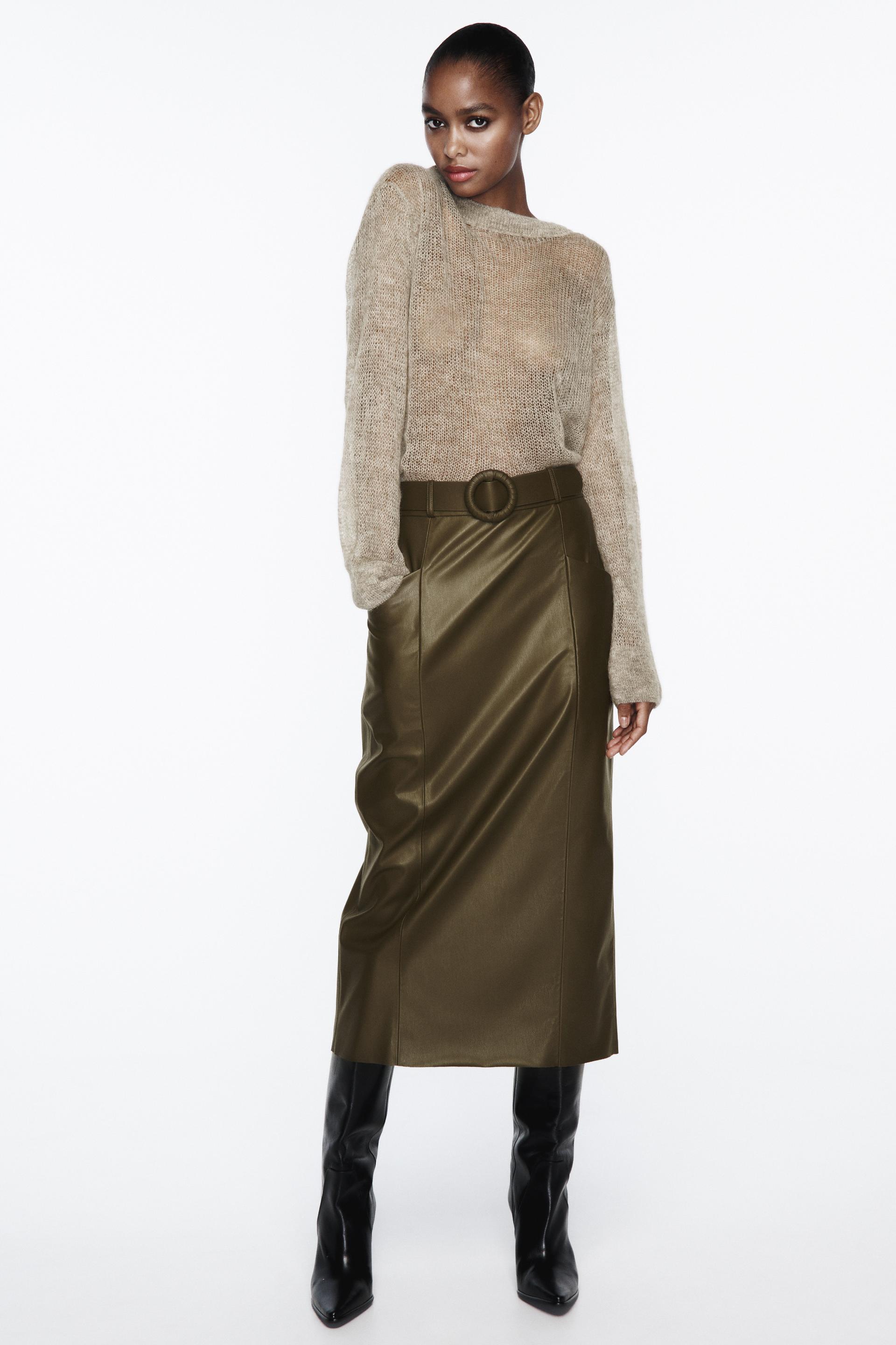 LEATHER EFFECT PENCIL SKIRT WITH BELT - Khaki