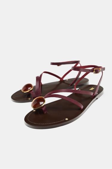 FLAT LEATHER SANDALS WITH STRAPS AND DECORATION - Burgundy Red by Zara - Image 3