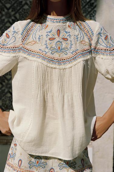 EMBROIDERED SHORT SLEEVE BLOUSE - Ecru by Zara - Image 1
