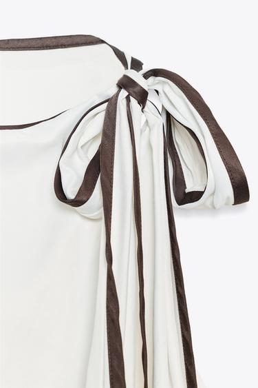 TOP SATINÉ NŒUD LISERÉS CONTRASTE - Écru / Marron de Zara - Image 8
