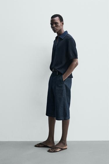 POLO EN MAILLE COL DENIM CONTRASTANT - Bleu marine foncé de Zara - Image 3