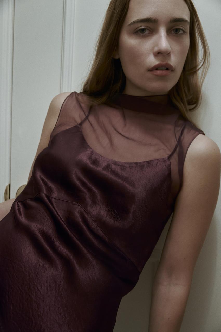 LONG SATIN EFFECT MESH DRESS