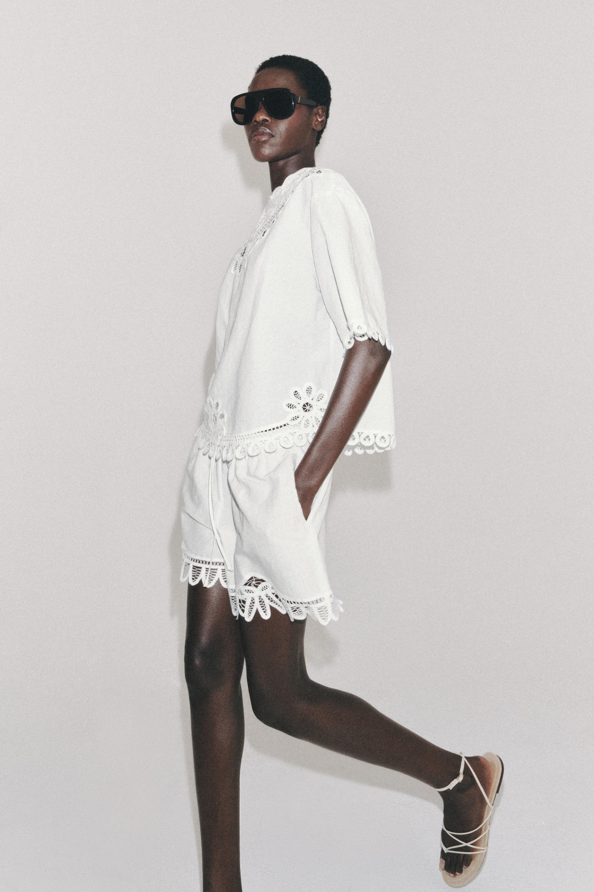 EMBROIDERED LINEN BLEND SHORTS ZW COLLECTION — Oyster-white