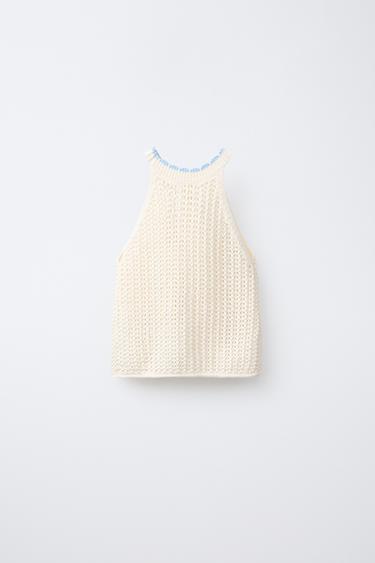 KNIT TOP WITH FLORAL EMBROIDERY - Ecru by Zara - Image 1