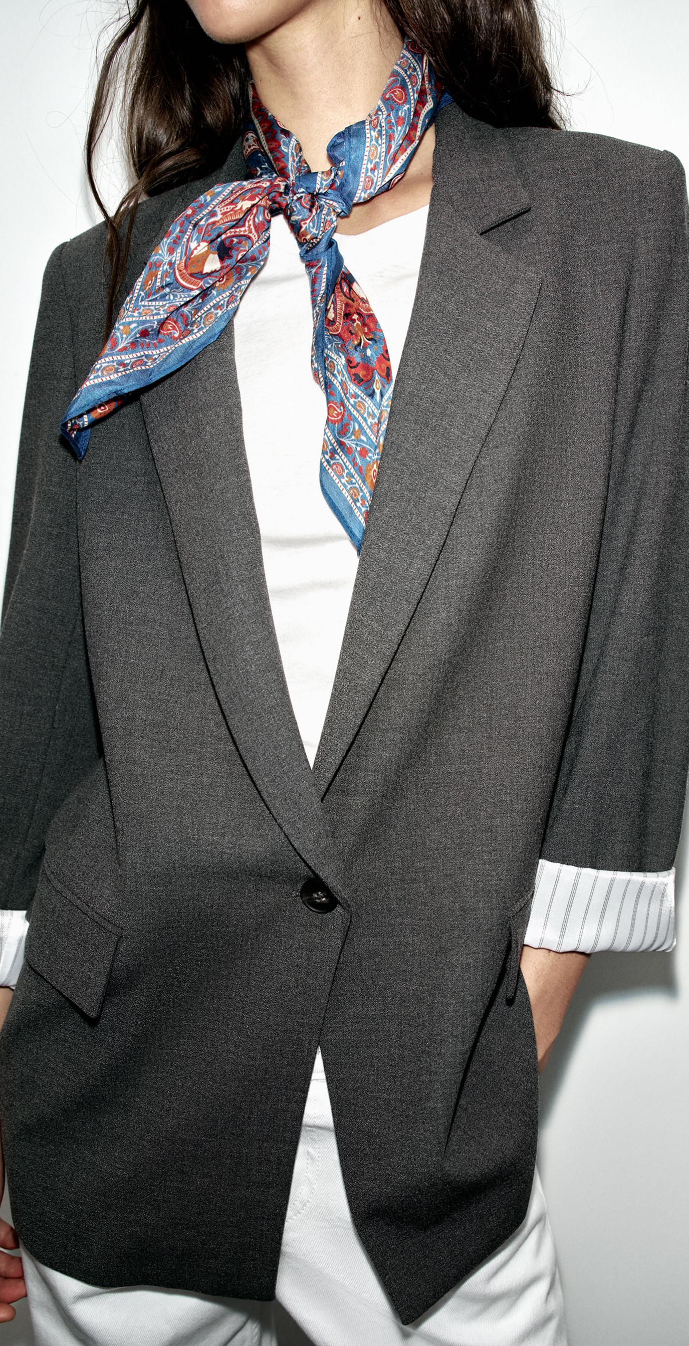 SHOULDER PAD BLAZER WITH PRINTED CUFF — Dark gray