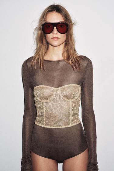 METALLIC THREAD LACE UNDERWIRED CORSET - Golden by Zara - Image 0