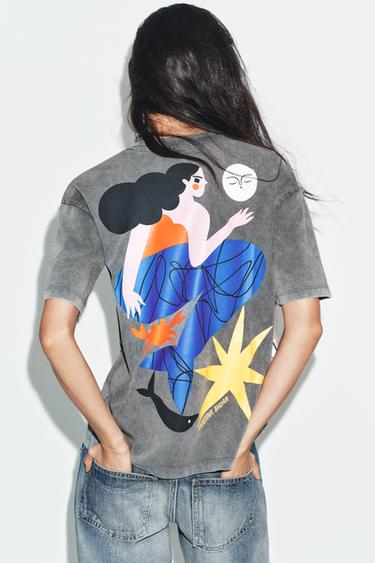 Zara WASHED EFFECT PRINTED T-SHIRT - Gray