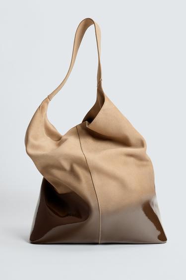 BOLSO SHOPPER PIEL LACADO - Marrón Arena de Zara