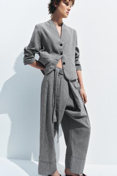 VESTE EN LIN PIED-DE-POULE ZW COLLECTION - Bleu / Blanc de Zara