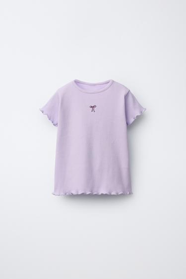 Zara EMBROIDERED RIBBED T-SHIRT - Lilac