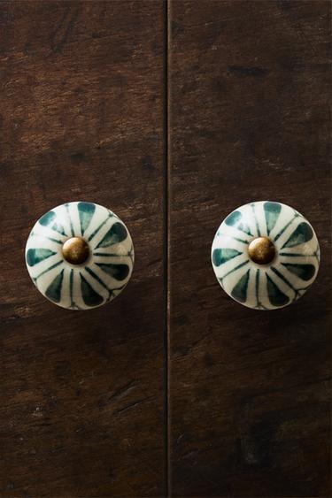 Zara SET OF CERAMIC FLOWER KNOBS (SET OF 2) - Green