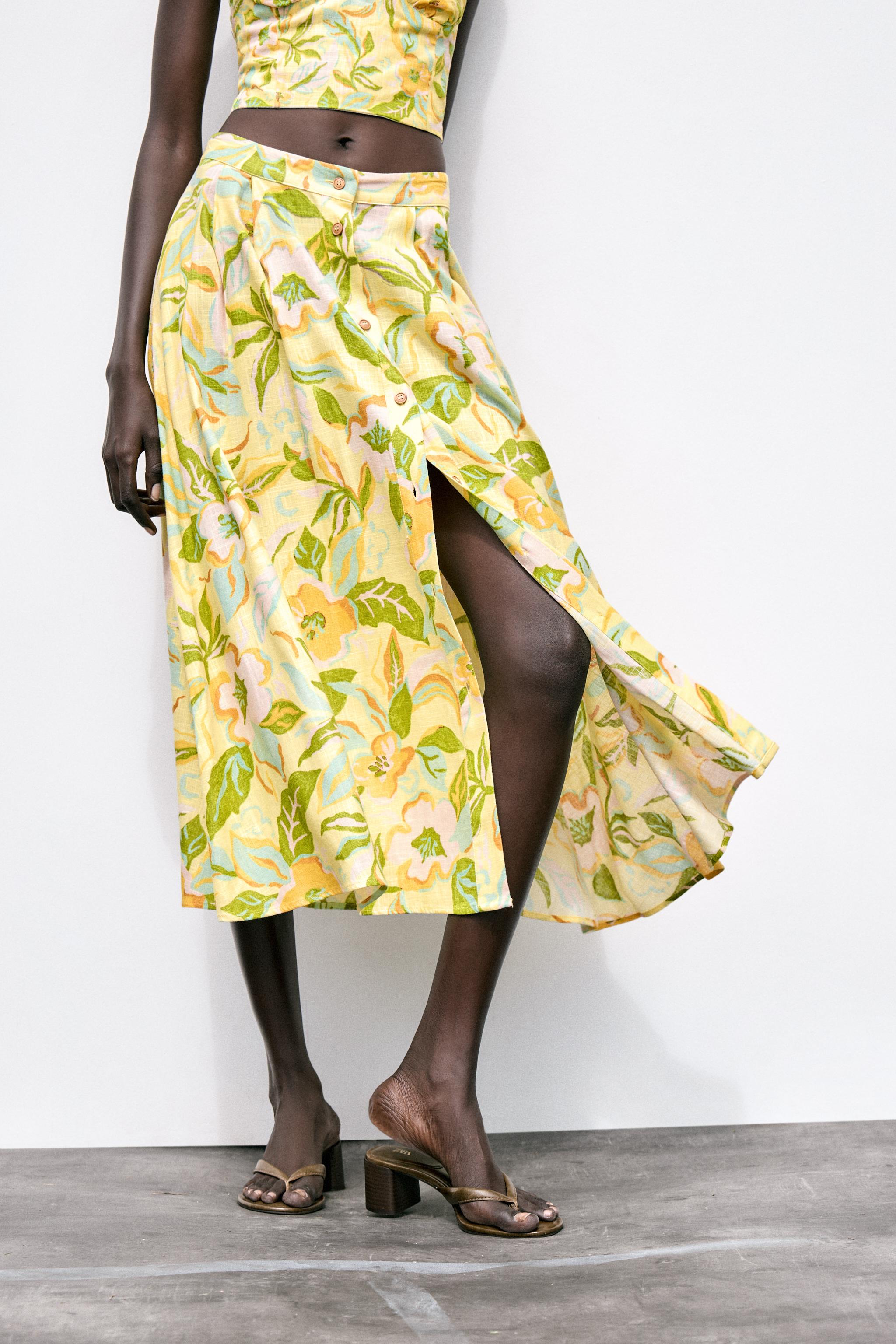ZARA プリントリネンスカート 8351/038 PRINTED LINEN SKIRT - yellow | ZARA United States