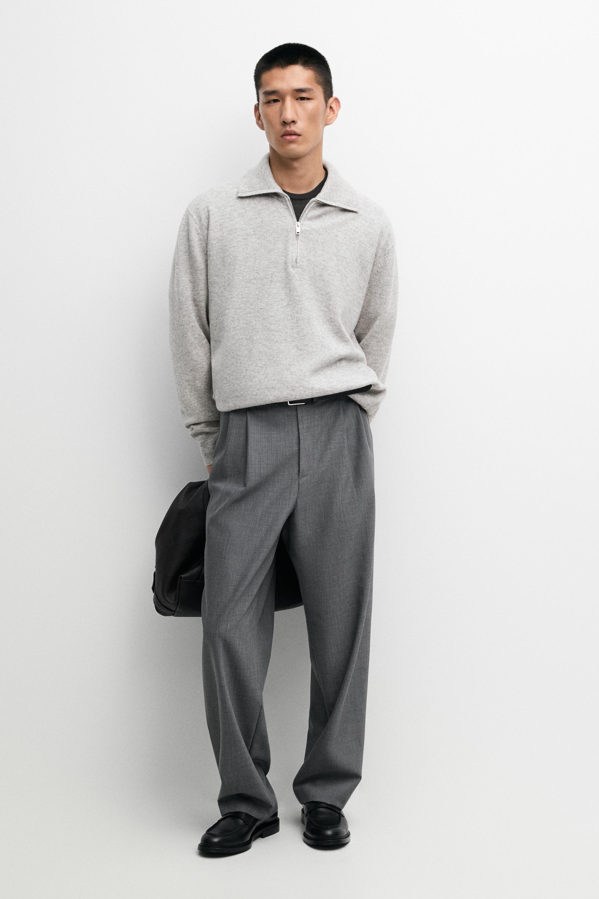 Mock neck zip-up knit sweater — Gray marl