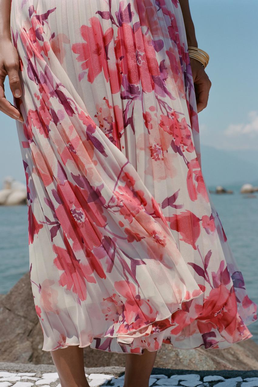 Ecru Floral Print Pleated Short Dress