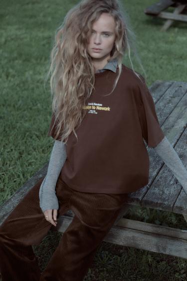 Zara TEXT T-SHIRT - Brown