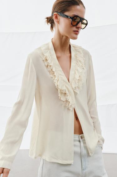 Zara ZW COLLECTION LIMITED EDITION FLOWY RUFFLE SHIRT - Light ecru