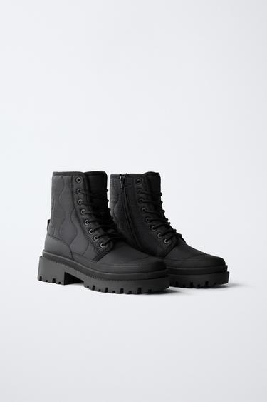 QUILTED LACE-UP ANKLE BOOTS - Black by Zara