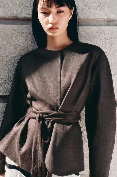 Zara ZW COLLECTION 亞麻腰帶和服 - 棕色