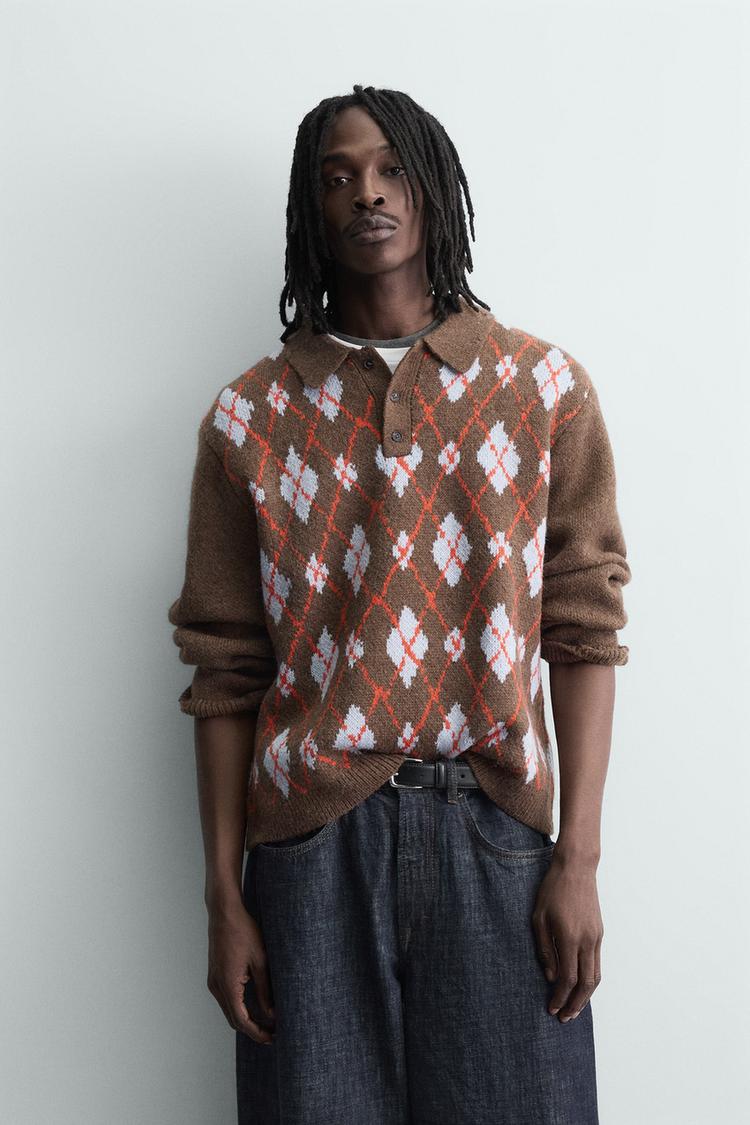 ZARA KNIT ARGYLE POLO SHIRT WITH RIPPED EFFECT