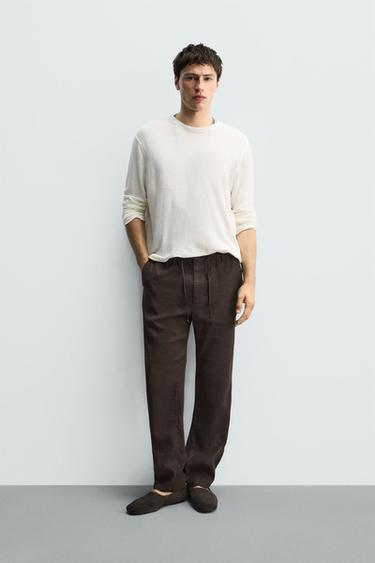 Zara 棉麻混紡休閒長褲 - 棕色