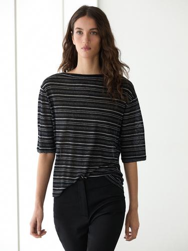 Zara Striped linen 3/4 sleeve knit T-shirt - Black