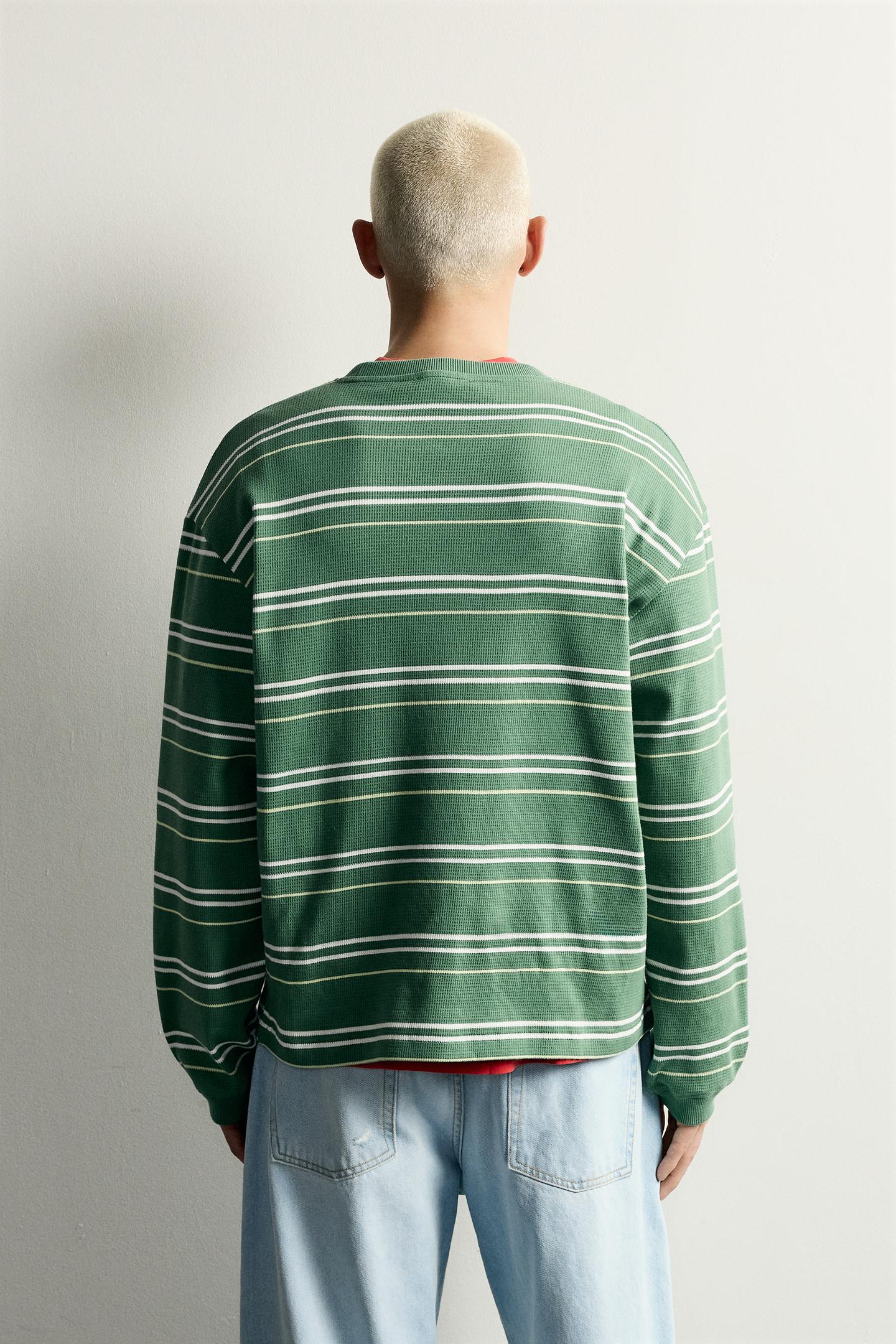 Мужская толстовка Zara Striped Waffle Knit, цвет: Зелёный / Экрю — фото 3
