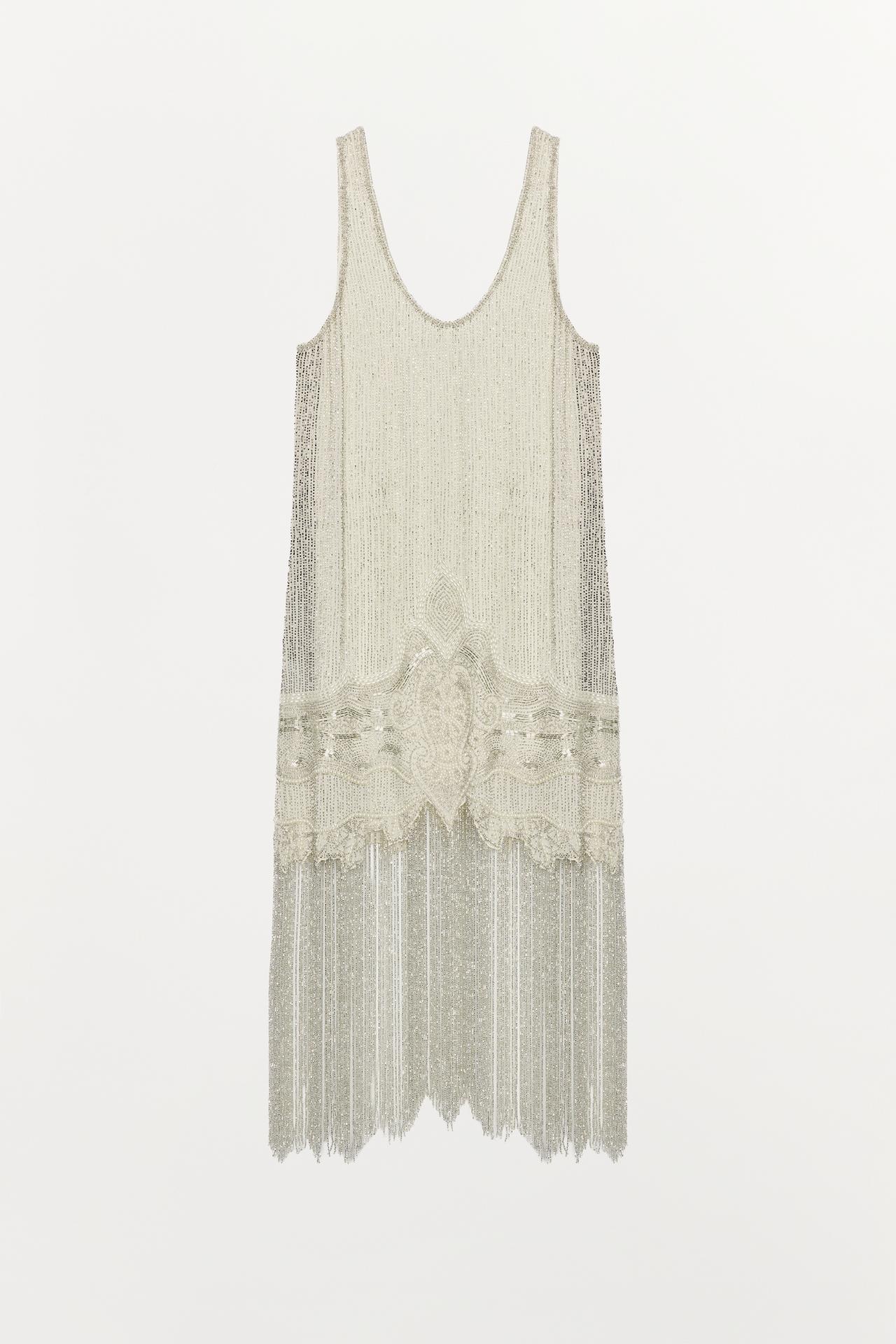 ZW COLLECTION LIMITED EDITION BEADED FRINGE STRAPPY DRESS — Pearl / Beige