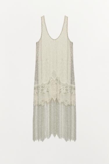 ZW COLLECTION LIMITED EDITION BEADED FRINGE STRAPPY DRESS — Pearl / Beige 2