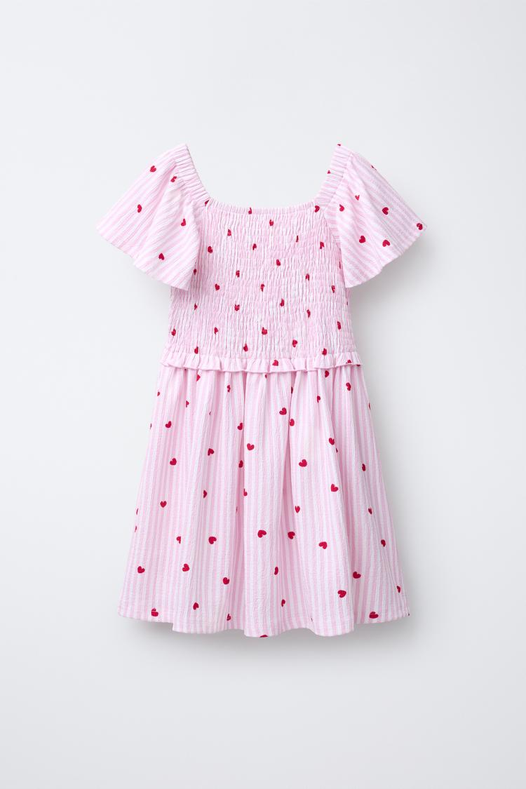 VESTIDO ESTAMPADO RAYAS Y CORAZONES Rosa ZARA Chile