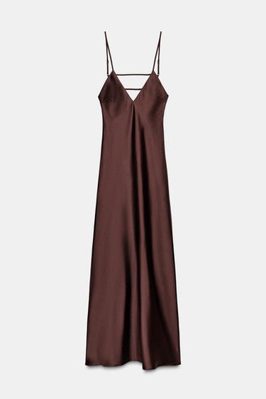 VESTIDO MIDI SATINADO ESPALDA TIRAS - Visón oscuro de Zara