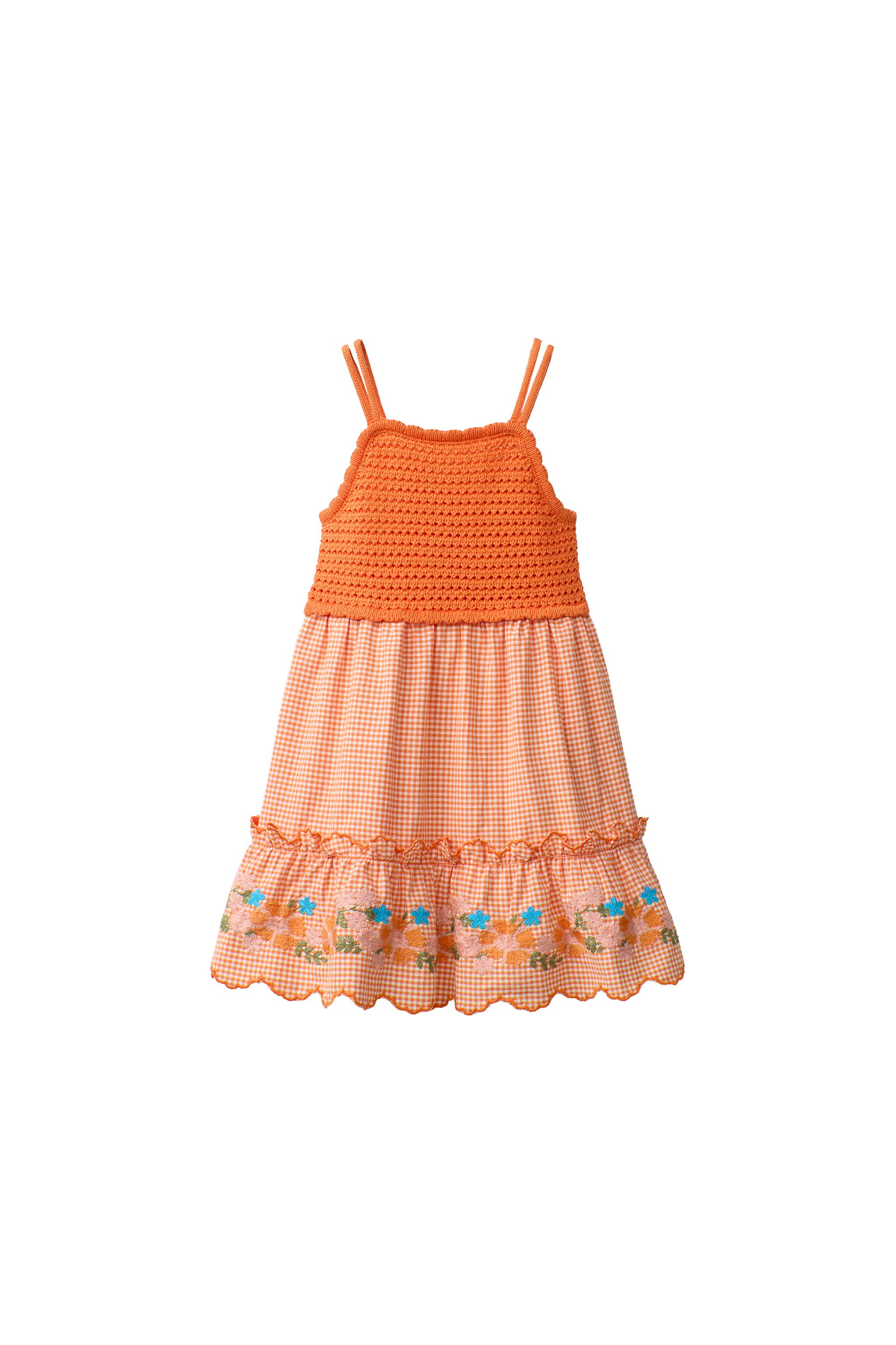 VESTIDO PUNTO COMBINADO CUADRO VICHY FLORES BORDADAS