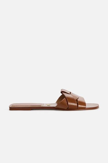 Zara FLAT CROSSED LEATHER SANDALS - Brown