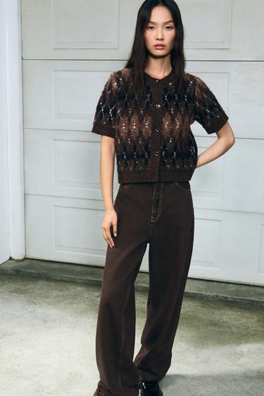 ARGYLE KNIT SHORT SLEEVE CARDIGAN - Brown by Zara