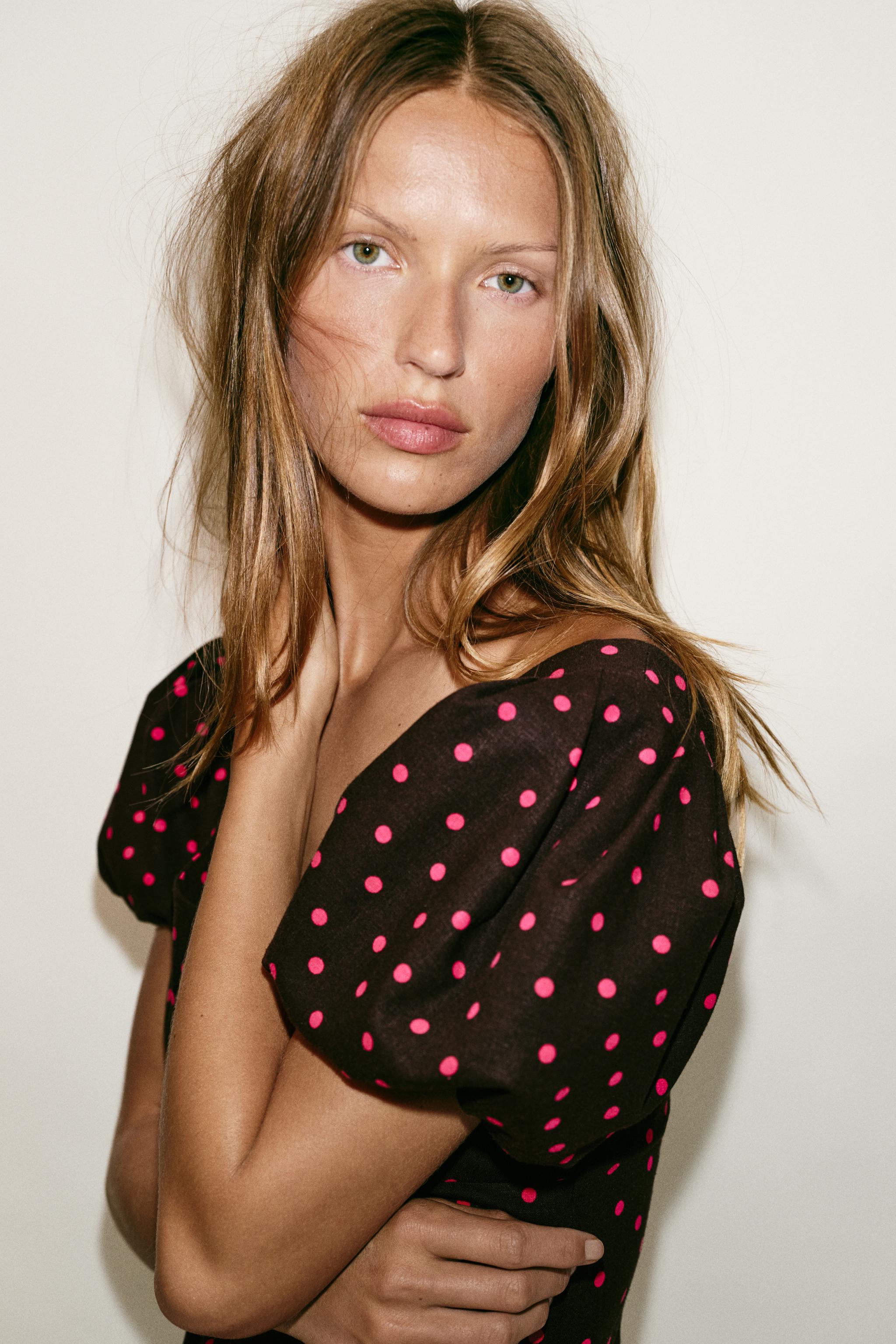 LINEN BLEND BALLOON SLEEVE POLKA DOT DRESS