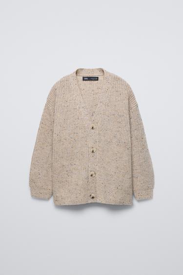 Zara V-neck jacket with long sleeves. Front button closure. Fabric is 21% wool. - Ecru / Marl