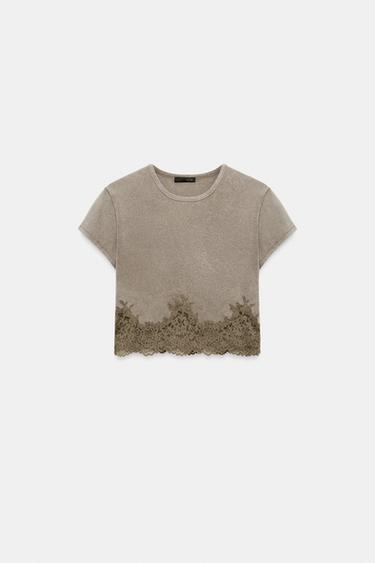 Zara WASHED EFFECT LACE CROP TOP - Brown