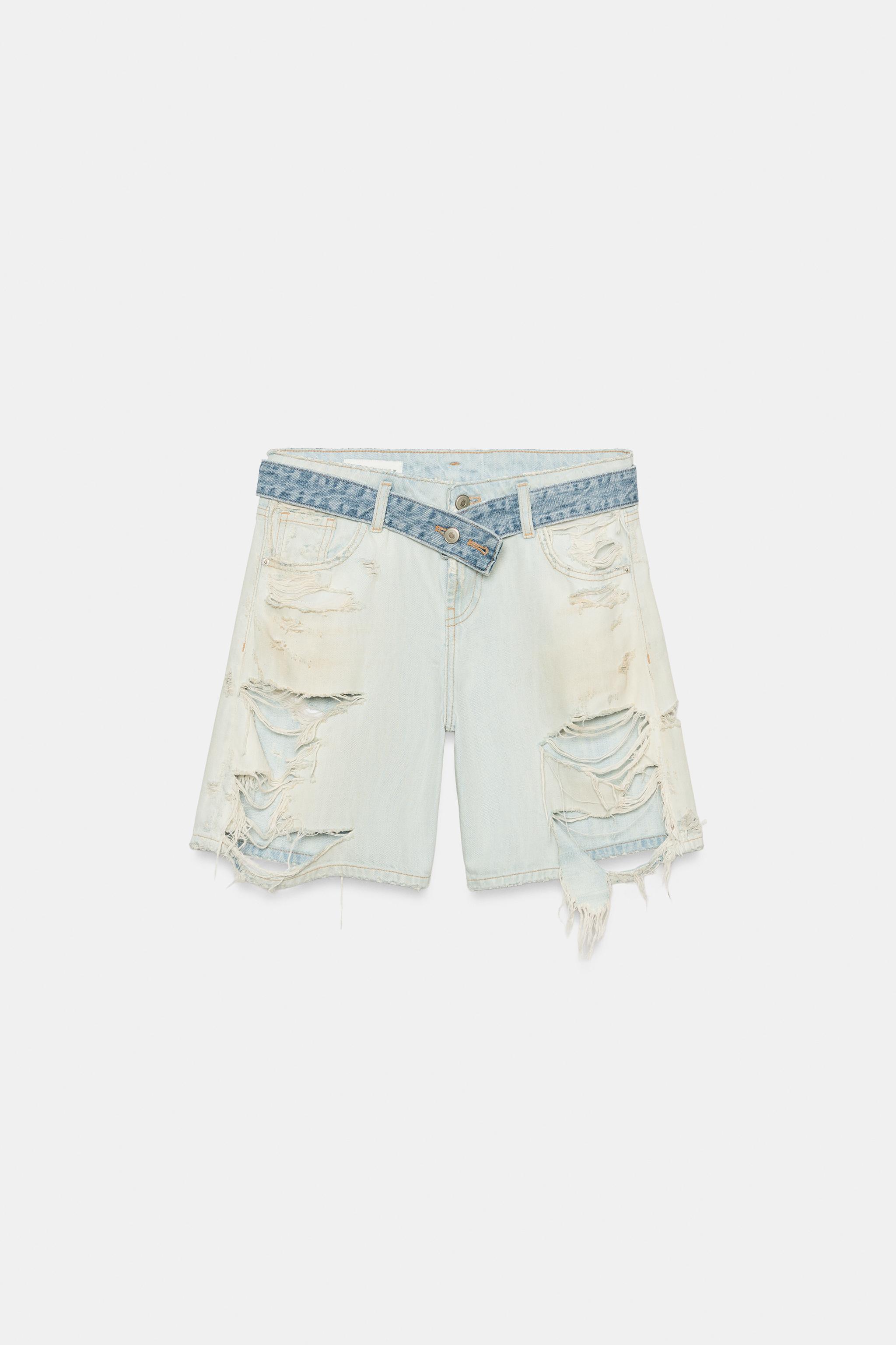 TRF MID-RISE RIPPED DENIM BERMUDA SHORTS WITH BELT