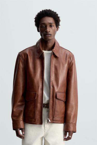 WASHED LEATHER JACKET - Brown by Zara