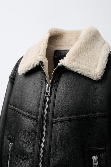 Zara DOUBLE FACED FAUX LEATHER SHEARLING JACKET - Black