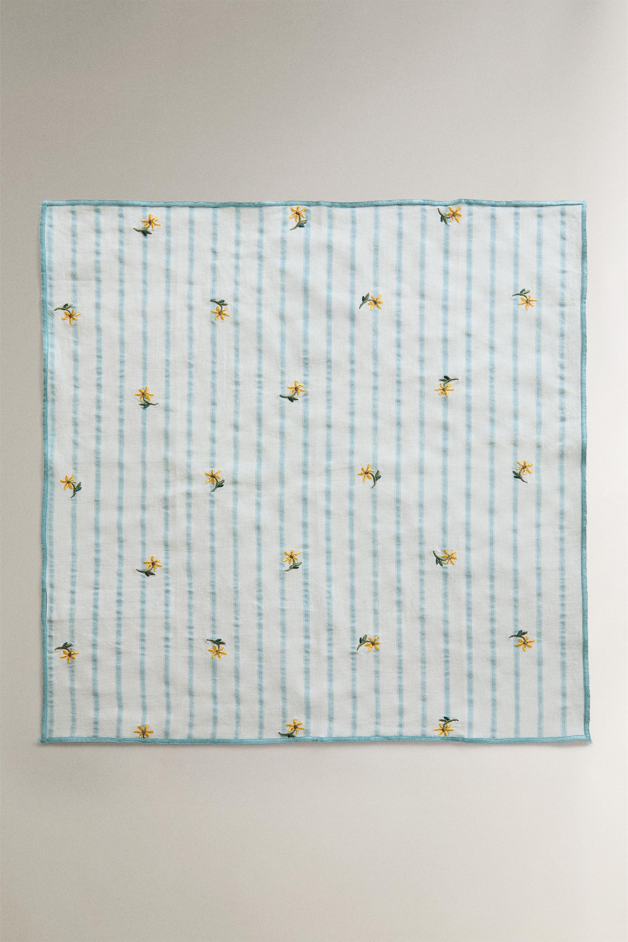 STRIPED EMBROIDERED FLORAL NAPKINS (SET OF 2) — Blue (alternate view)